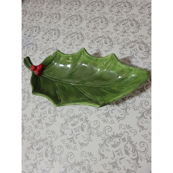 Maxcera Holly Berry  Porcelain Leaf Serving Dish 10" stem to point 5" wide. EUC - Picture 1 of 10